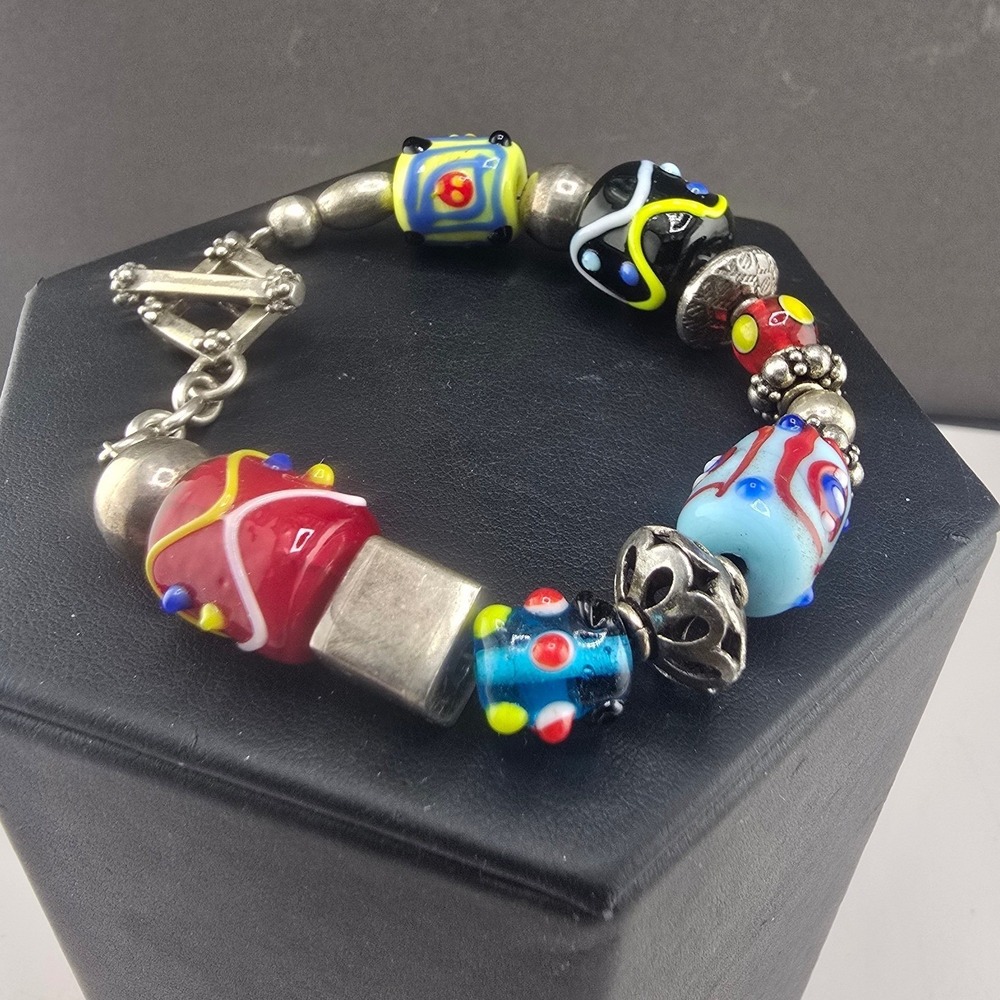 Vintage Estate Bracelet Multi Lampwork Glass Sterling Silver Beaded Toggle 8in